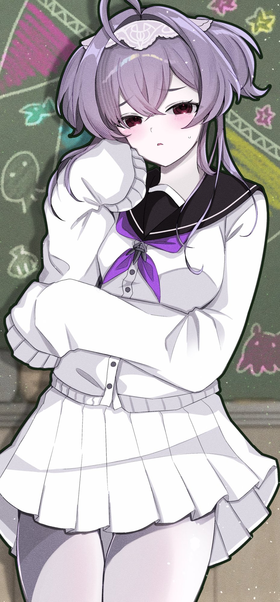 1girl, ahoge, black_sailor_collar, chalkboard, cowboy_shot, goddess_of_victory:_nikke, hair_between_eyes, hair_intakes