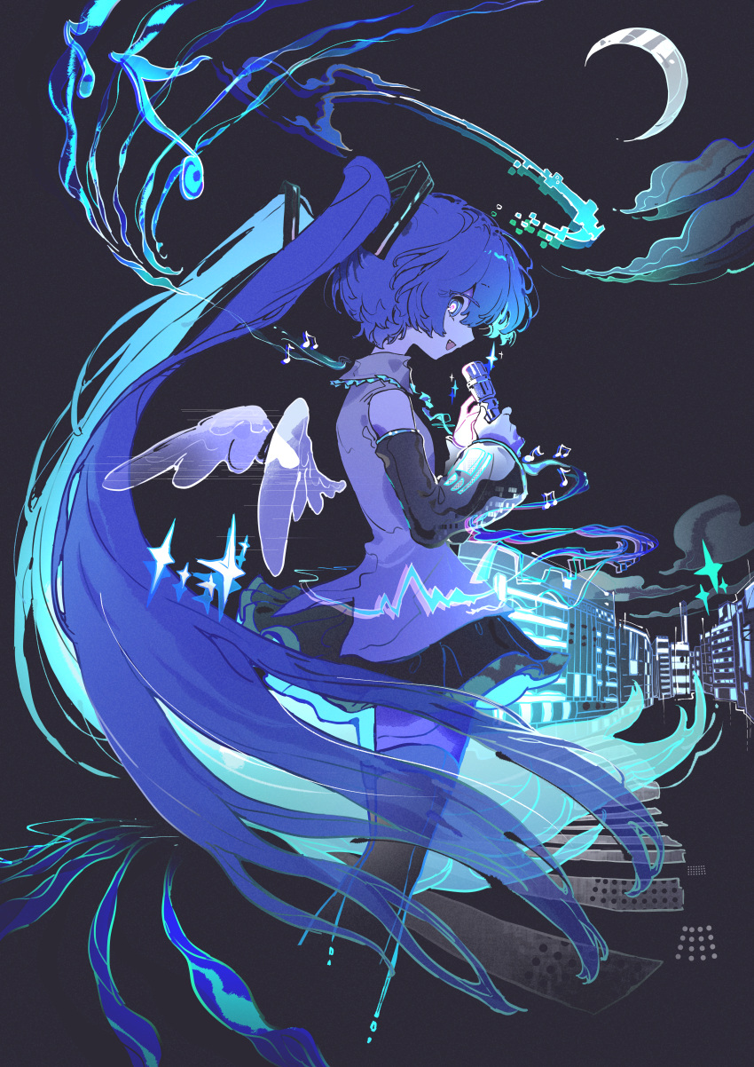 1girl, absurdres, angel_wings, black_background, black_skirt, black_thighhighs, blue_hair, city