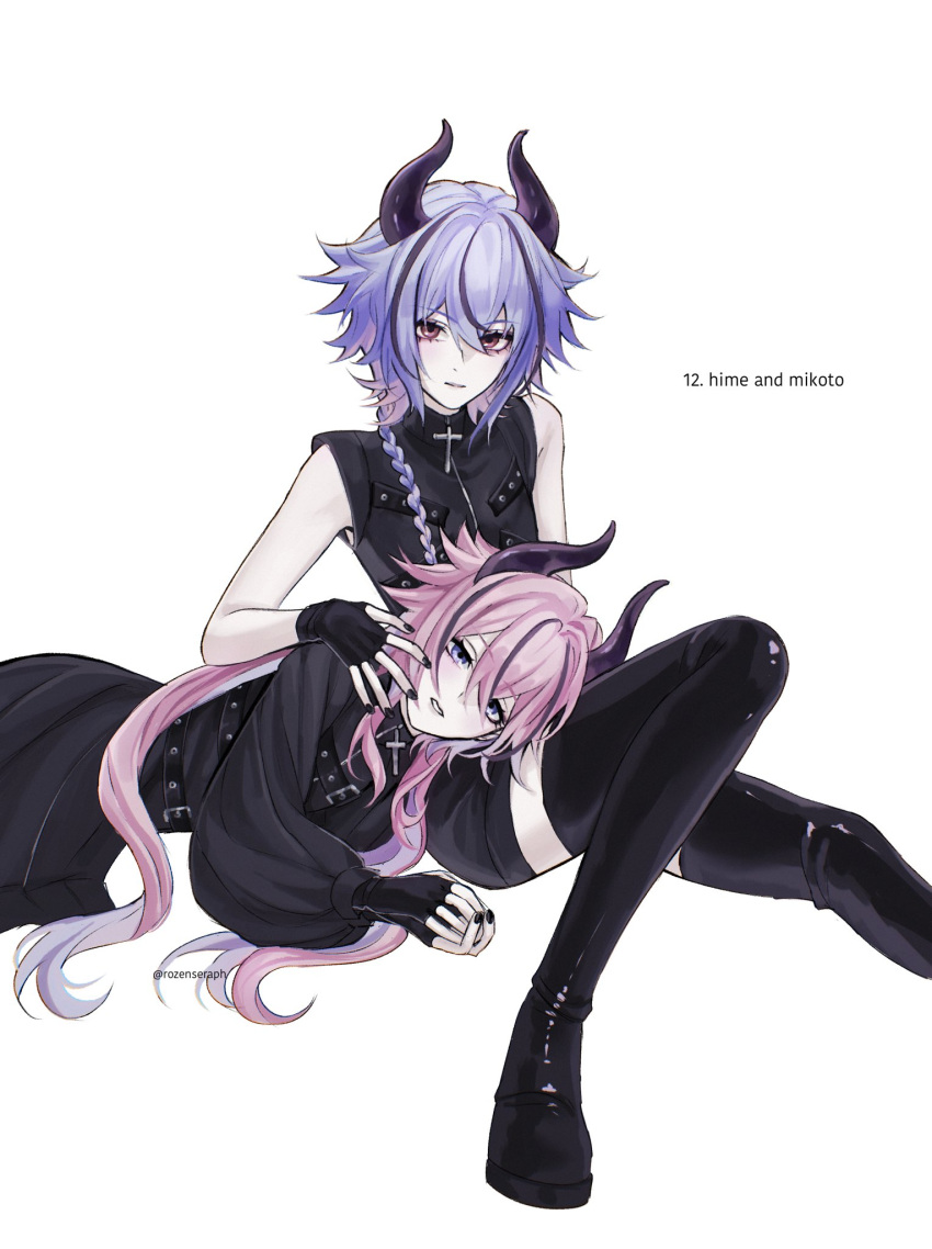 2others, black_horns, black_nails, black_streaks, blue_eyes, blue_hair, demon_horns, fingerless_gloves, gloves, gothic_punk, gradient_hair, highres, horns, latex_thigh_boots, looking_at_viewer, meika_hime, meika_mikoto, multicolored_hair, multiple_others, pink_eyes, pink_hair, rozenseraph, visual_kei, vocaloid, white_background