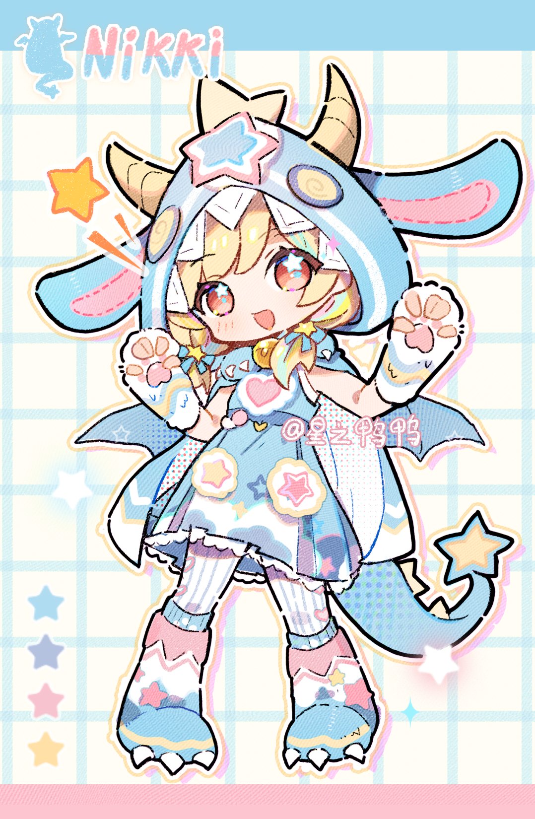 1girl, animal_costume, animal_ear_hood, animal_hands, artist_name, bell, blonde_hair, blue_boots