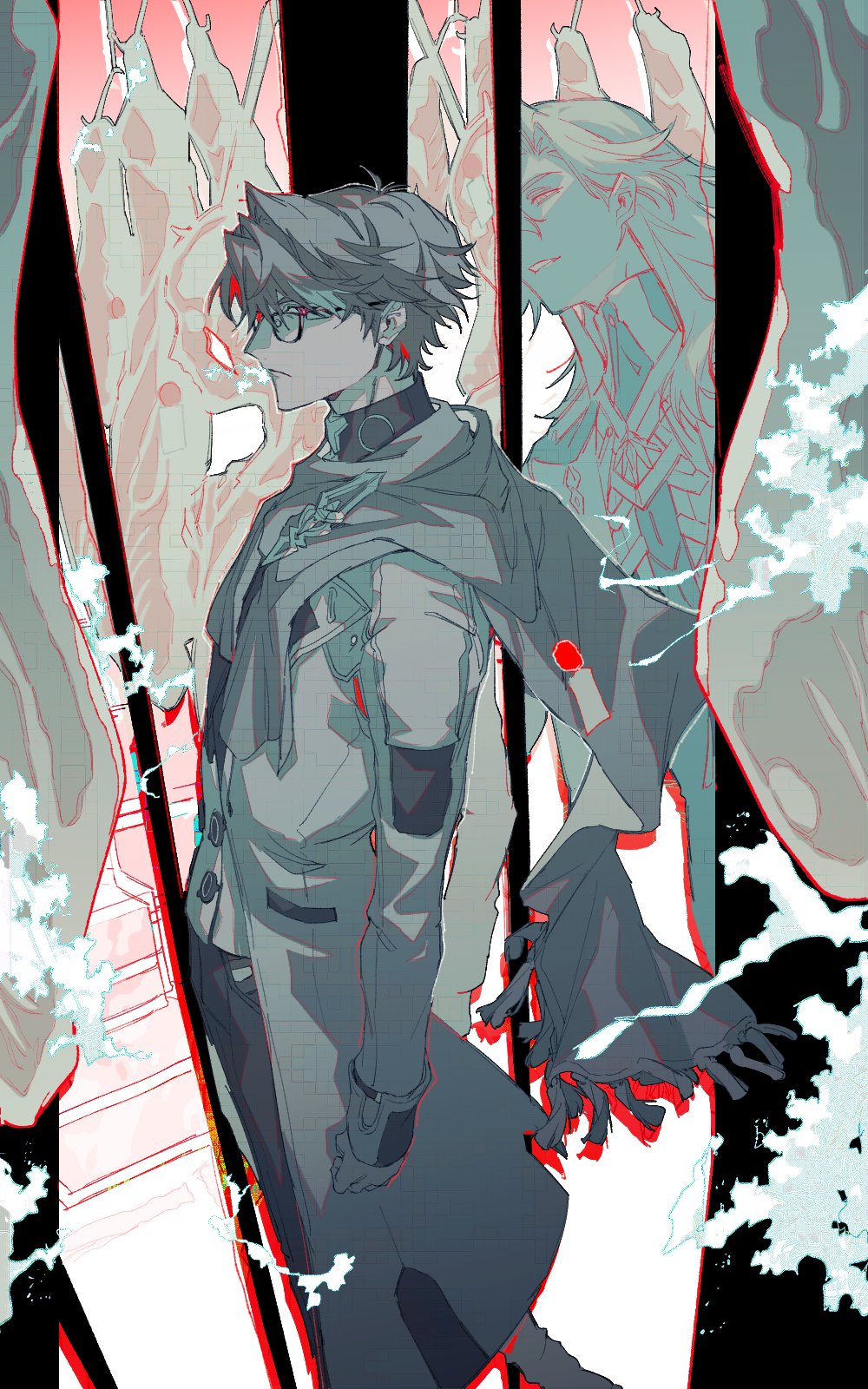 2boys, blonde_hair, brown_hair, glasses, gloves, grey_hair, highres, holding