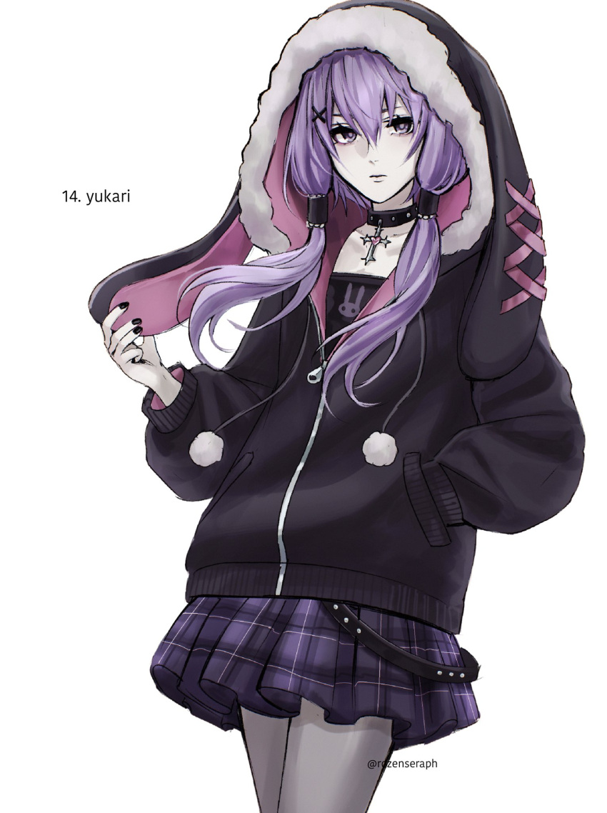 alternate_costume, animal_hood, animal_print, belt, black_pantyhose, choker, cross, cross-laced_jacket
