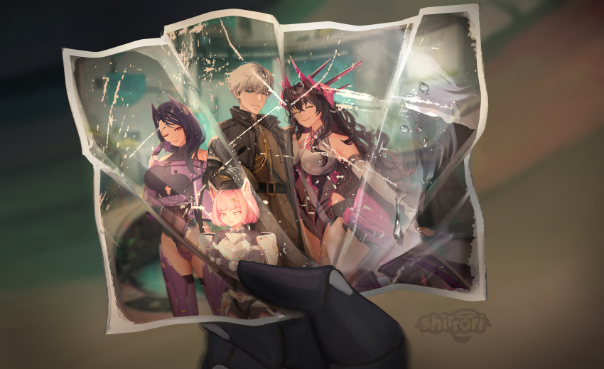 1boy, 3girls, absurdres, artist_name, black_gloves, blue_hair, brown_hair, gloves