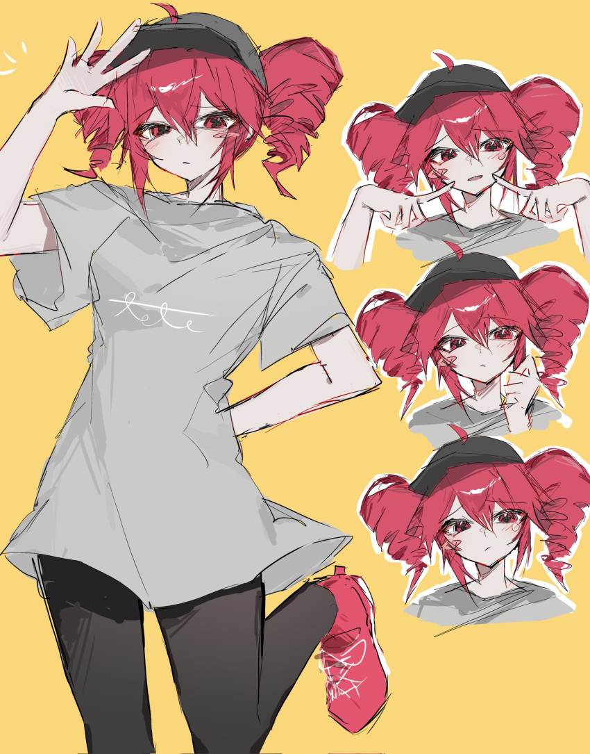 1girl, ahoge, baseball_cap, black_hat, black_pants, blush, blush_stickers, character_name