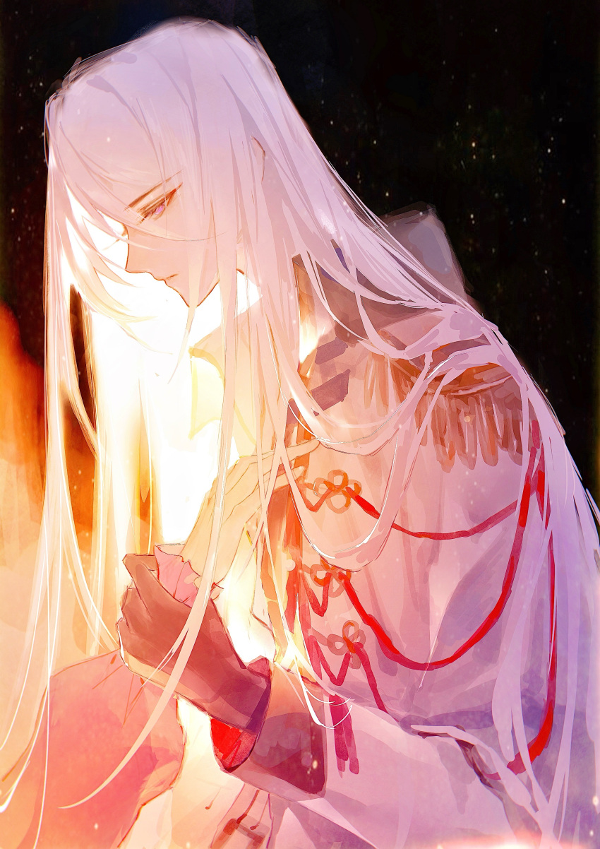 1boy, 1girl, absurdres, aiguillette, black_background, black_gloves, cael_anselm, cael_anselm_(infinite_empire)