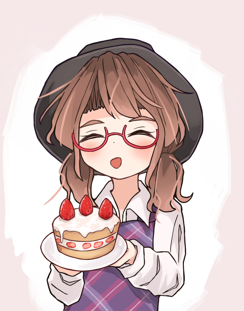 absurdres, birthday_cake, black_hat, blush, braid, brown_hair, cake, casuisasa