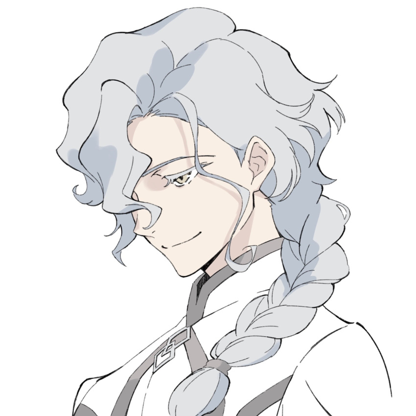 1boy, braid, chaldea_logo, closed_mouth, coat, colored_eyelashes, commentary, evil_smile, fate/grand_order, fate_(series), gongthreeone, grey_eyes, grey_hair, grey_trim, hair_between_eyes, hair_over_shoulder, highres, looking_ahead, male_focus, marisbury_animusphere, medium_hair, portrait, simple_background, single_braid, smile, solo, white_background, white_coat