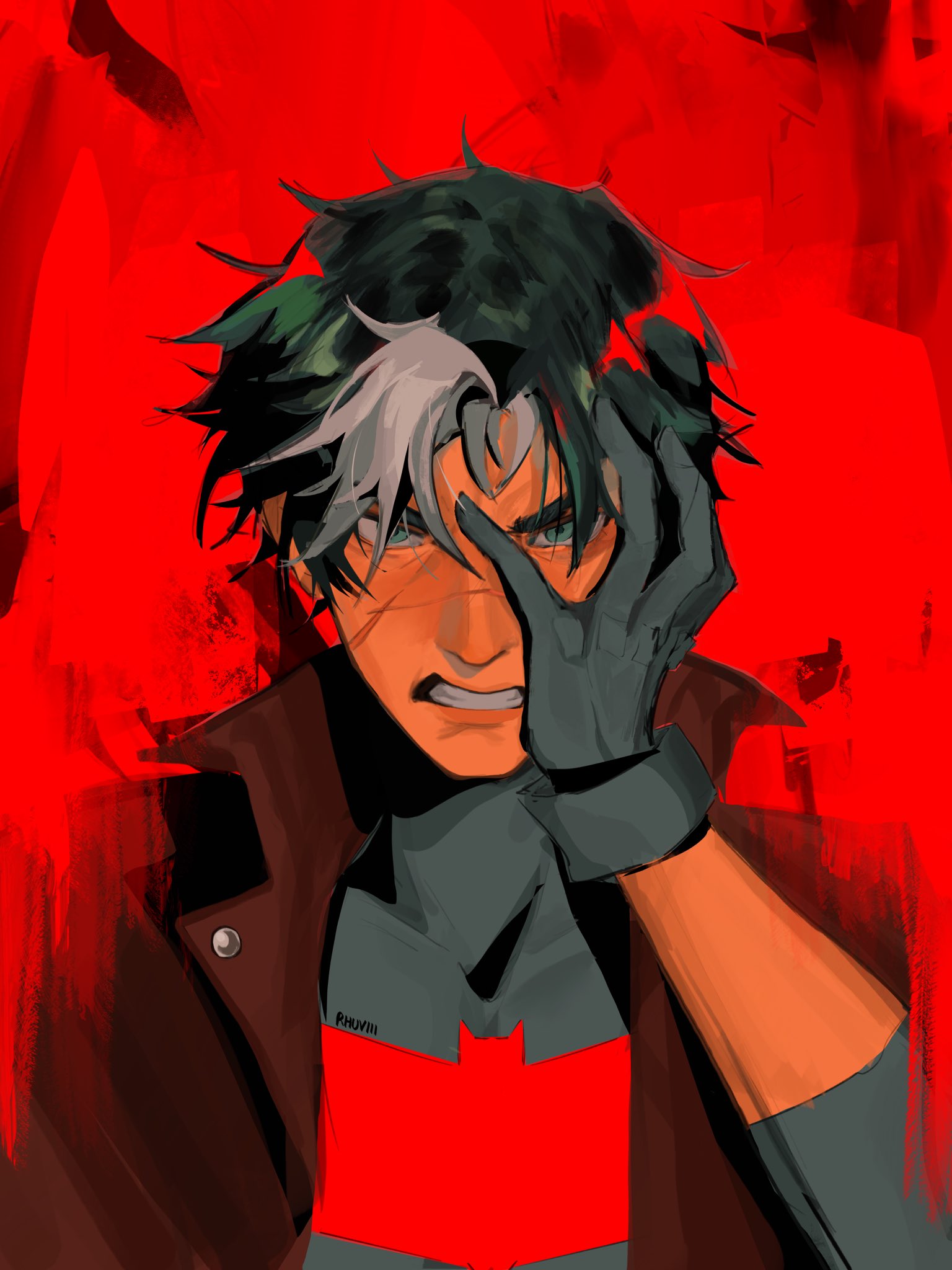 1boy, bat_signal, batman_(series), batman_symbol, black_bodysuit, black_gloves, black_hair, blue_eyes