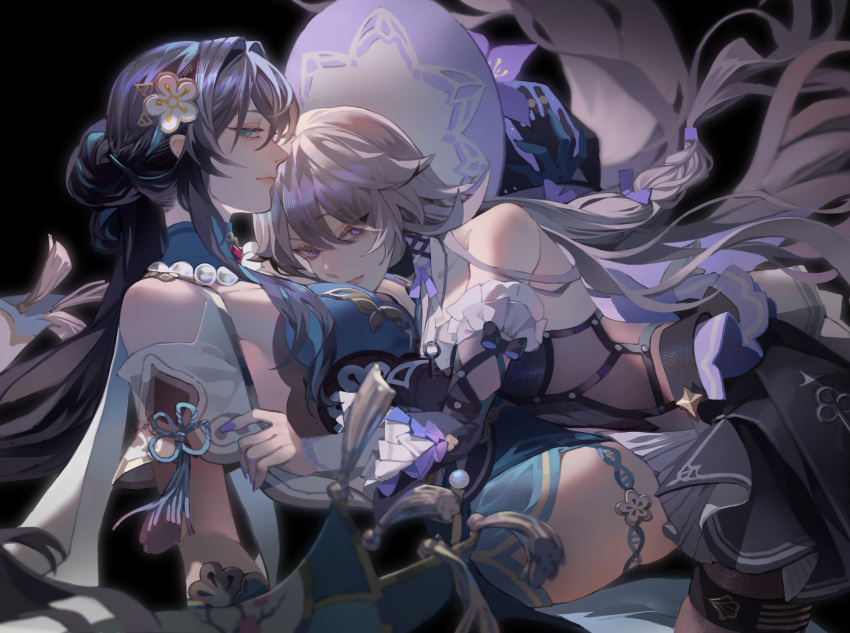 2girls, aqua_eyes, aqua_streaks, bare_shoulders, between_breasts, black_background, black_pantyhose, bow, breasts, brown_hair, closed_mouth, detached_sleeves, dress, flower, flower_ornament, frilled_sleeves, frills, gem, gold_trim, hair_flower, hair_ornament, hair_ribbon, hair_spread_out, hat, head_between_breasts, herta_(honkai:_star_rail), high_collar, highres, honkai:_star_rail, honkai_(series), jewelry, key, key_necklace, long_hair, looking_at_viewer, mandarin_collar, multiple_girls, mupdoots, necklace, pantyhose, pearl_necklace, red_gem, ribbon, ruan_mei_(honkai:_star_rail), see-through_clothes, strapless, strapless_dress, the_herta_(honkai:_star_rail), thigh_strap, very_long_hair, violet_eyes, witch_hat, yuri