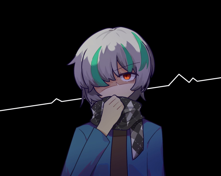 1boy, argyle_clothes, argyle_scarf, black_background, commentary_request, dohna_dohna_issho_ni_warui_koto_o_shiyou, galax1111, glaring