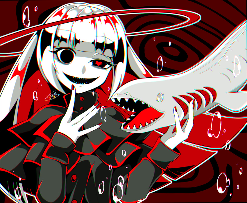 1girl, air_bubble, animal, black_shirt, blunt_bangs, bubble, eyelashes, frilled_shark