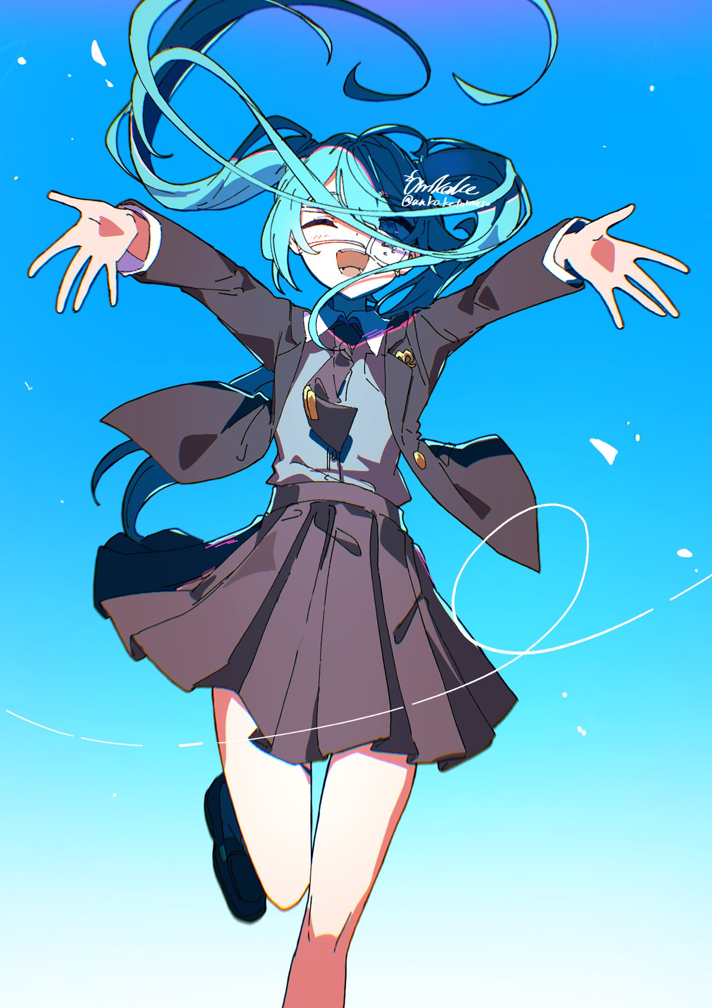 1girl, ahoge, ankaketomato, artist_name, black_necktie, black_shoes, blue_background, blue_eyes