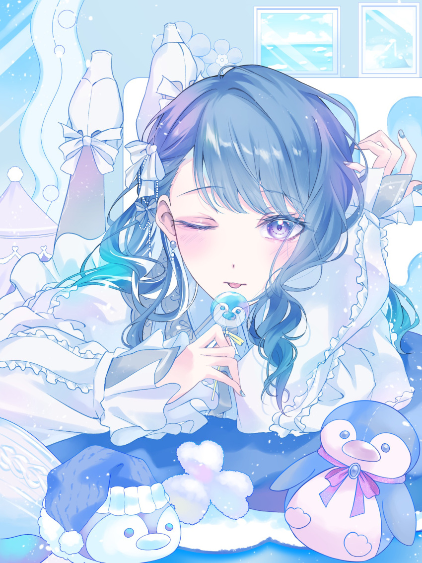 1girl, :p, ankle_ribbon, awanoo, bloom_festival_(project_sekai), blue_eyes, blue_hair, blush, bow, candy, commentary, curly_hair, dress, food, frilled_dress, frills, hair_bow, high_heels, highres, holding, holding_candy, holding_food, holding_lollipop, kiritani_haruka, leg_ribbon, lollipop, long_hair, long_sleeves, looking_at_viewer, lying, official_alternate_costume, official_alternate_hair_length, official_alternate_hairstyle, on_stomach, one_eye_closed, picture_frame, project_sekai, ribbon, shoes, sleeves_past_wrists, solo, stuffed_animal, stuffed_penguin, stuffed_toy, swept_bangs, tongue, tongue_out, white_bow, white_dress, white_shoes