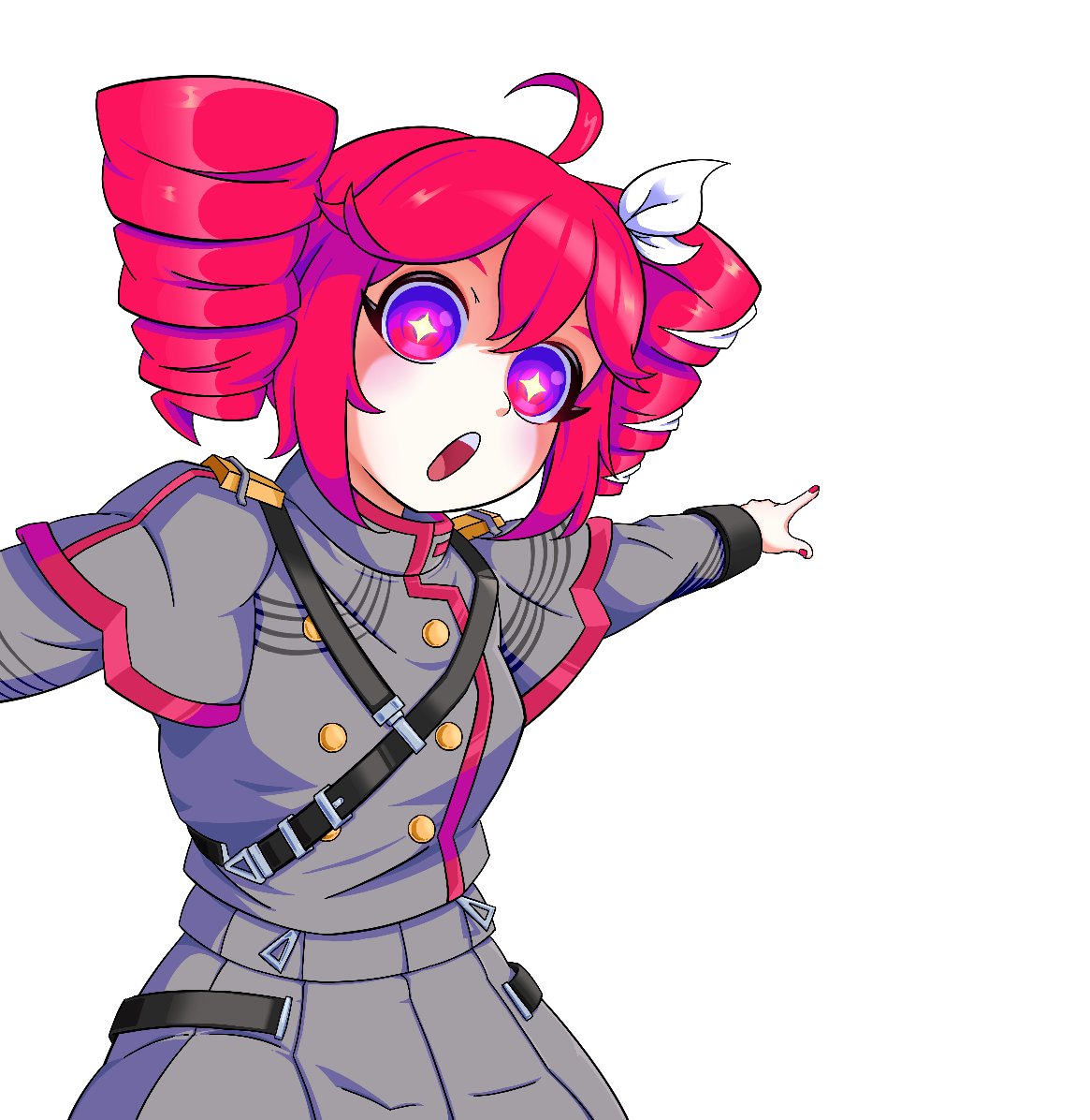 1girl, ahoge, amaris_lunula, bow, buttons, cowboy_shot, drill_hair, grey_jacket, grey_skirt, hair_between_eyes, hair_bow, jacket, kasane_teto, kasane_teto_(sv), long_sleeves, looking_at_viewer, meme, open_mouth, pointing, red_eyes, red_hair, simple_background, skirt, solo, star-shaped_pupils, star_(symbol), symbol-shaped_pupils, synthesizer_v, twin_drills, twintails, two_soyjaks_pointing_(meme), white_background, white_bow