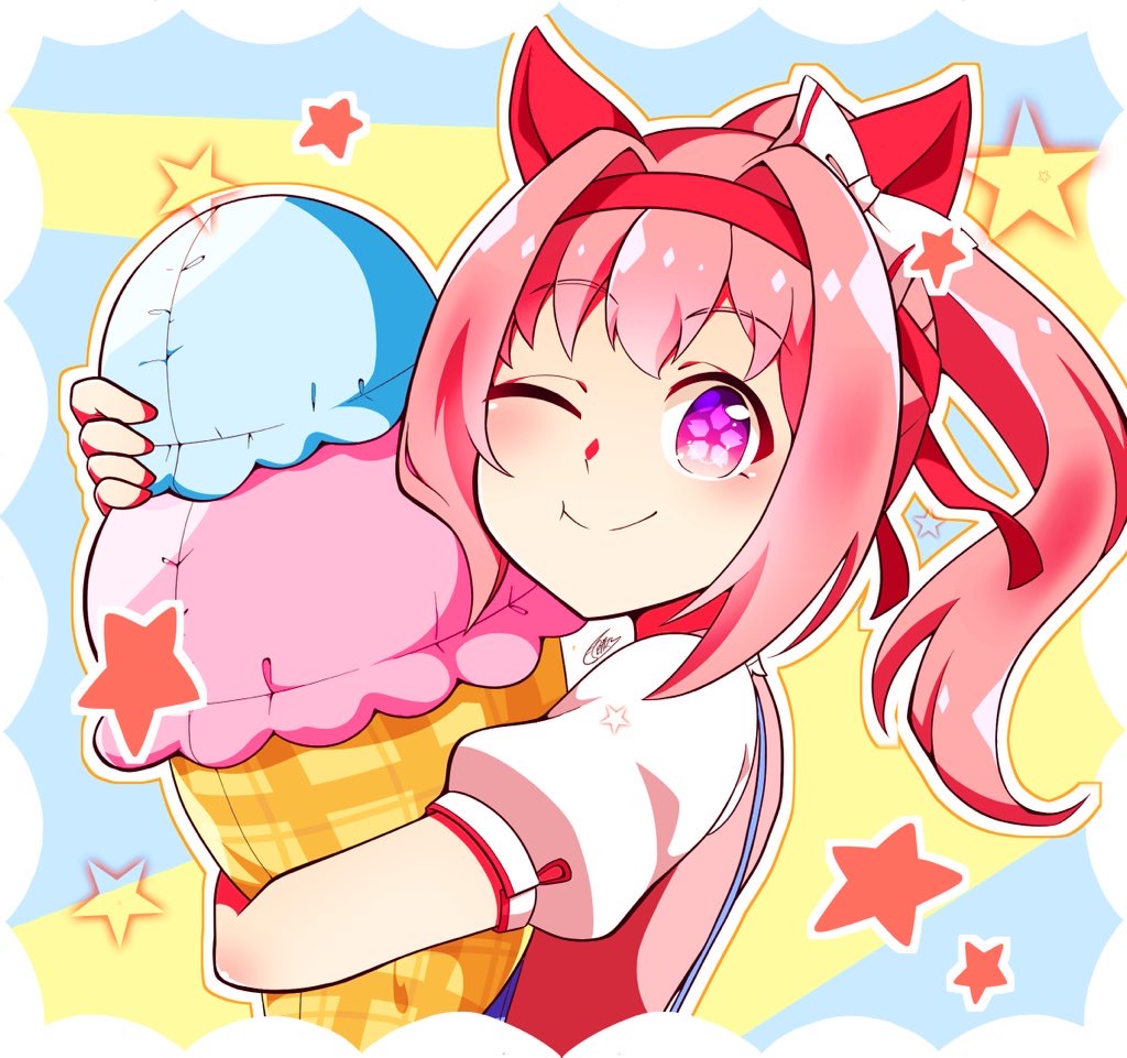 1girl, animal_ears, blush, closed_mouth, commentary_request, dated_commentary, english_commentary, geppei_motimaru, haru_urara_(umamusume), headband, holding, holding_stuffed_toy, horse_ears, hugging_object, ice_cream_cone, long_hair, mixed-language_commentary, one_eye_closed, outline, pink_hair, ponytail, puffy_short_sleeves, puffy_sleeves, red_headband, short_sleeves, smile, solo, star_(symbol), stuffed_toy, umamusume, violet_eyes, white_outline