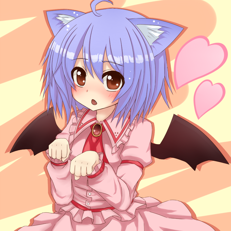 :o, ahoge, animal_ears, artist_request, ascot, bat_wings, blue_hair, blush