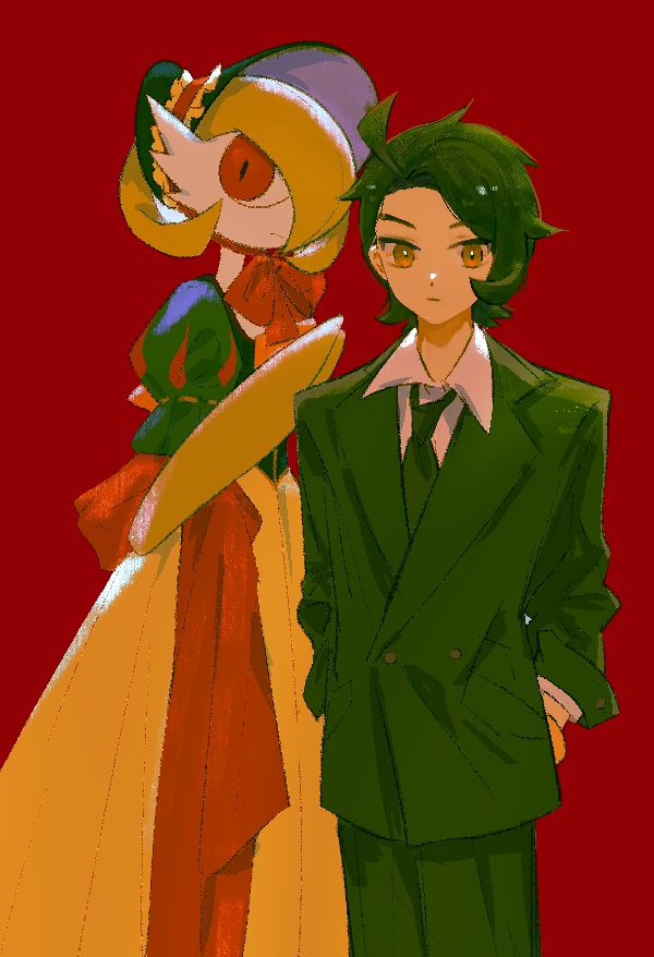 1boy, 1girl, ahoge, black_hair, black_jacket, black_necktie, blue_bonnet, bob_cut