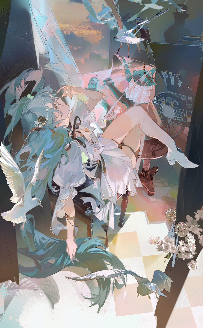 1girl, absurdres, animal, bird, blue_eyes, blue_hair, cat, closed_mouth