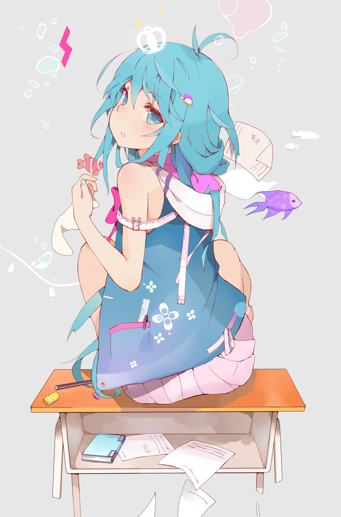 bare_shoulders, blue_eyes, blue_hair, blush, crown, denpa_onna_to_seishun_otoko, eraser, evers, fish, from_behind, hair_ornament, hairclip, hoodie, jacket, long_hair, looking_back, nail_polish, pleated_skirt, ruler, school_desk, sitting, skirt, solo, touwa_erio