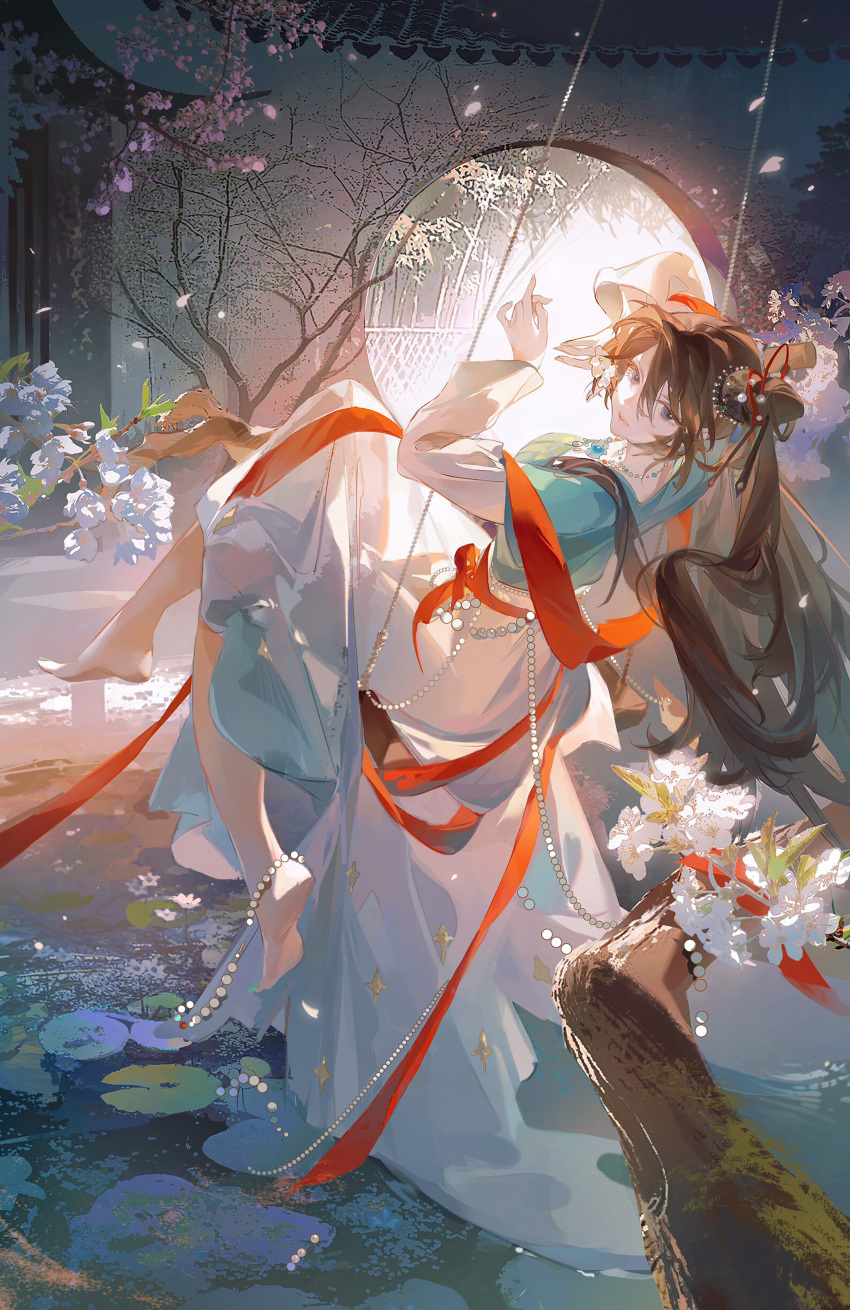 1girl, absurdres, barefoot, beads, brown_hair, cherry_blossoms, chinese_clothes, closed_mouth