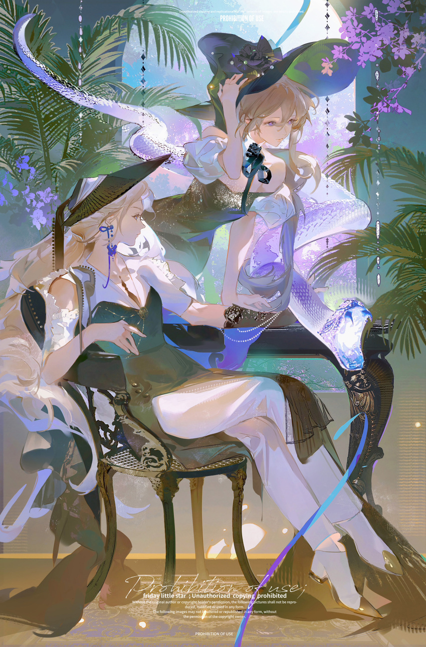 2girls, absurdres, animal, black_dress, black_hat, blonde_hair, branch, chair