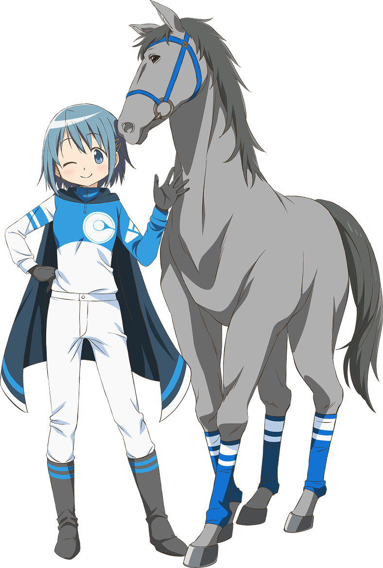 1girl, ;), black_boots, black_gloves, blue_cape, blue_eyes, blue_hair, boots