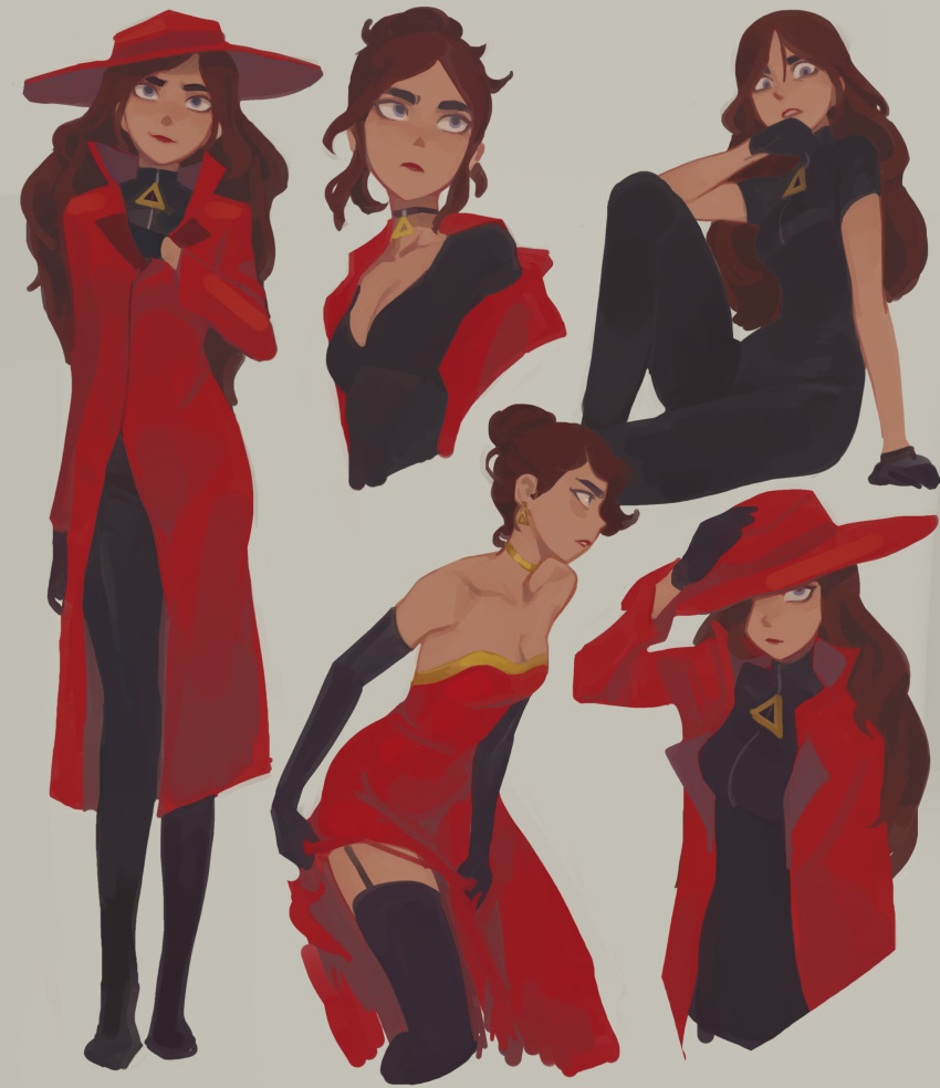 1girl, absurdres, black_gloves, boots, breasts, brown_hair, carmen_sandiego, carmen_sandiego_(series)