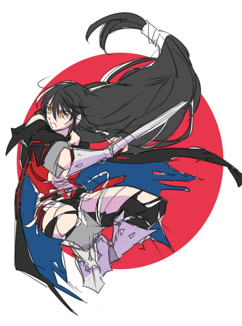 1girl, arm_blade, arm_guards, armored_boots, black_hair, boots, braid, center_opening