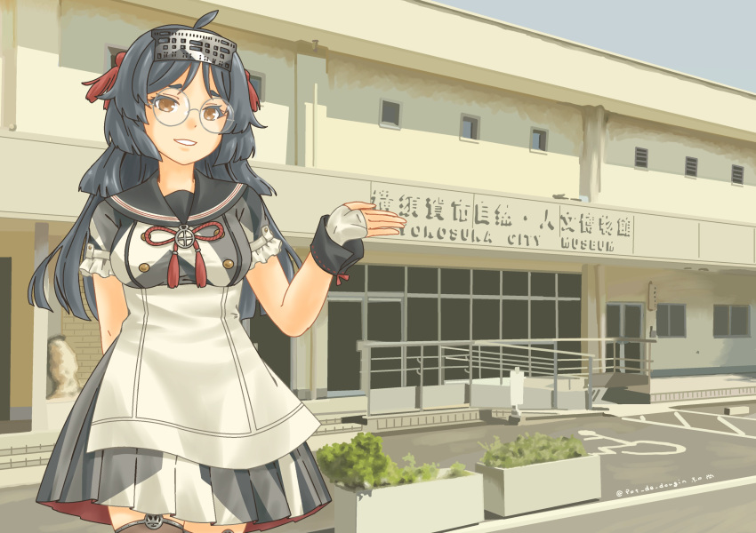 1girl, absurdres, ahoge, black_sailor_collar, blue_hair, breasts, brown_eyes, building