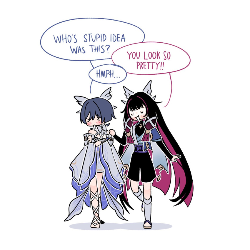 >_<, 1boy, 1girl, aracanthus38633, arm_at_side, belt, black_belt, black_hair