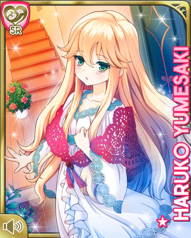 1girl, :o, blonde_hair, card_(medium), character_name, dress, flower_pot, genkan