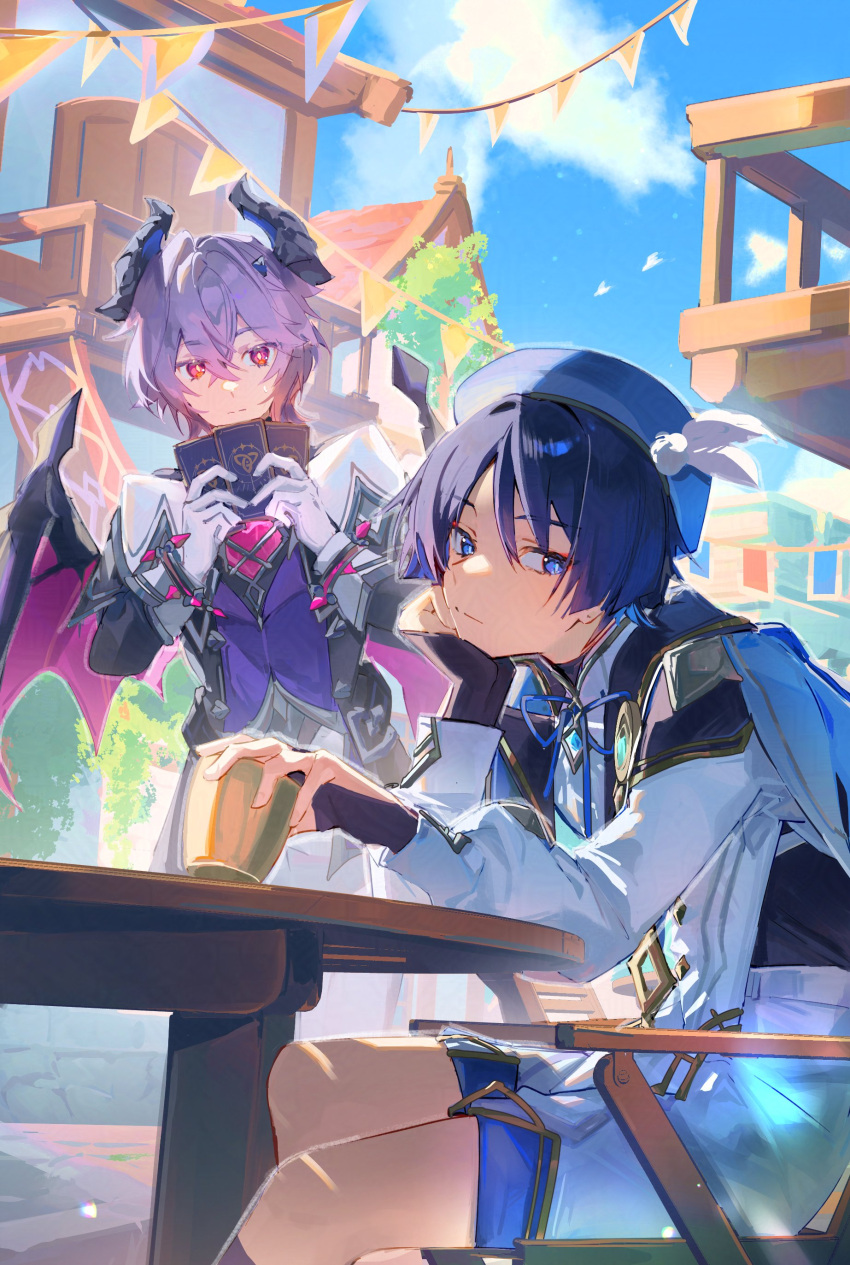 2boys, absurdres, alternate_costume, aqua_gem, beret, black_bridal_gauntlets, black_coat, black_hair