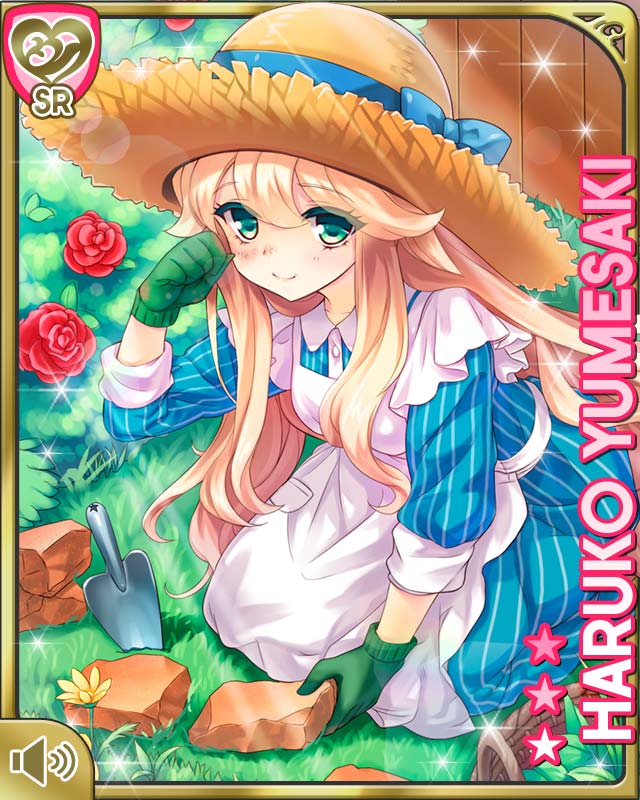 1girl, apron, blonde_hair, blue_dress, card_(medium), character_name, dress, flower