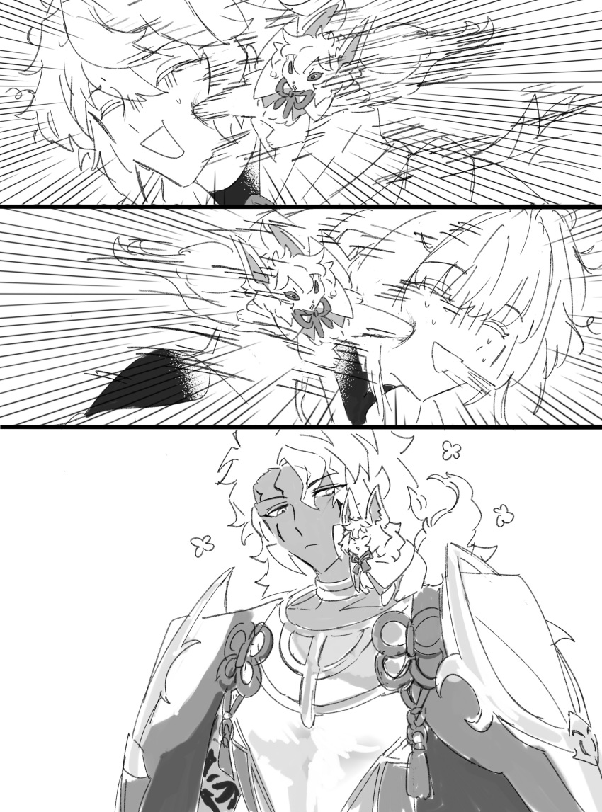 1girl, 2boys, absurdres, ahoge, animal, animal_on_shoulder, bishounen, braid, closed_mouth, creature, dark-skinned_male, dark_skin, fate/grand_order, fate_(series), fou_(fate), germaindadan, highres, jewelry, kicking, long_hair, long_sleeves, merlin_(fate), merlin_(fate/prototype), multiple_boys, neck_ring, open_mouth, simple_background, single_braid, smile, solomon_(fate), tattoo, very_long_hair, white_hair