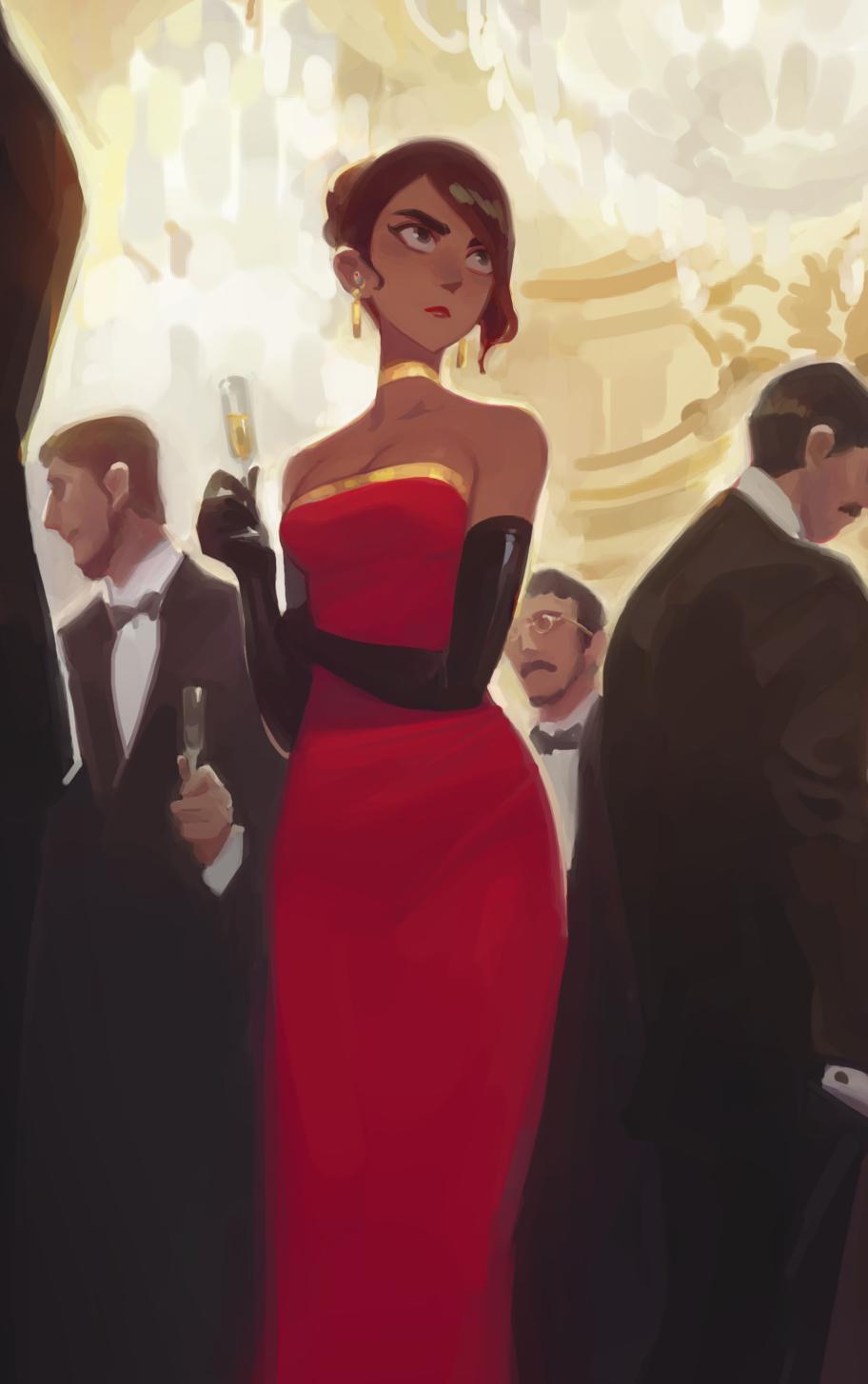 1girl, alcohol, ballroom, black_gloves, breasts, brown_hair, carmen_sandiego, carmen_sandiego_(series)