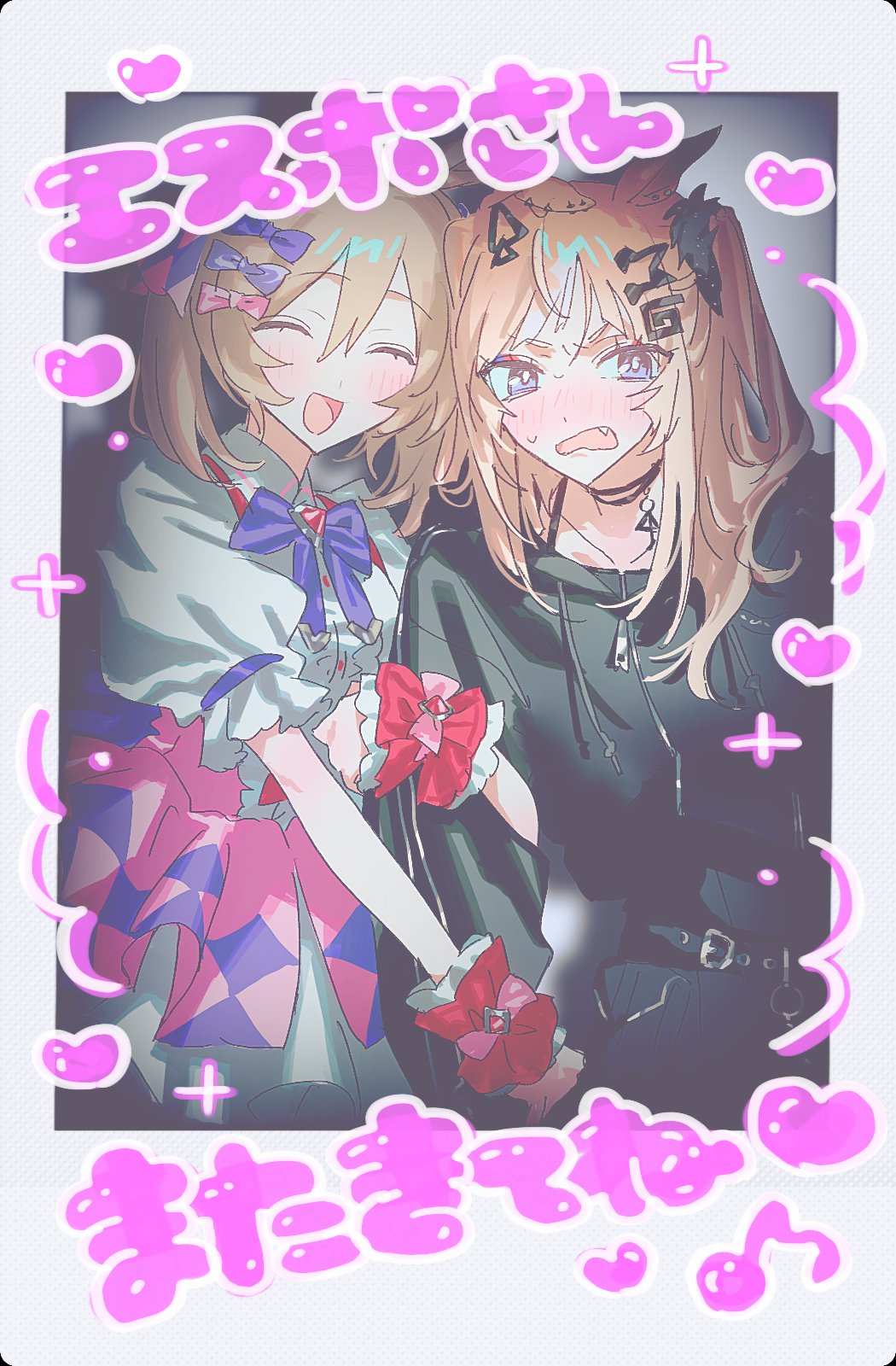 2girls, :d, ^_^, black_choker, black_hoodie, black_scrunchie, blue_bow, blue_eyes