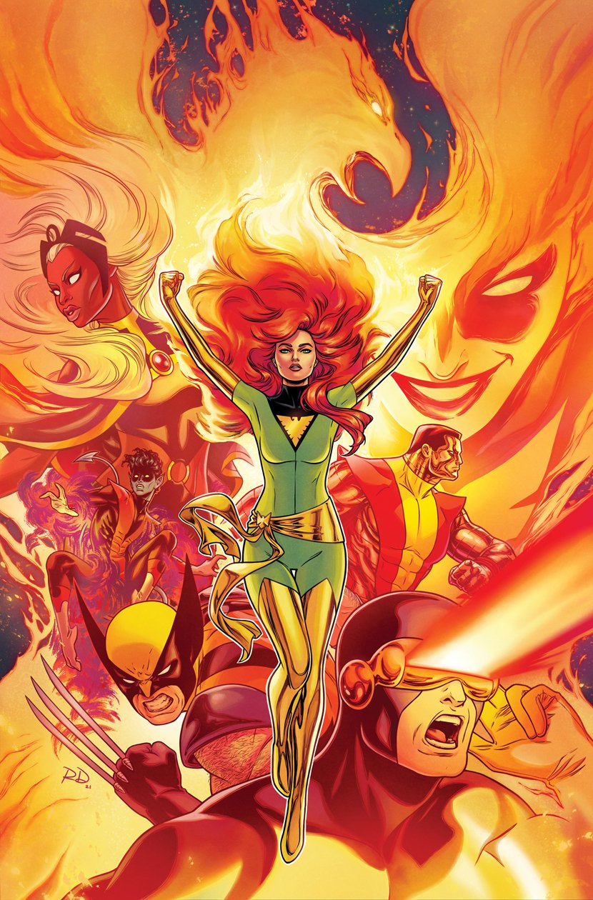 2girls, 4boys, arm_hair, arms_up, black_leotard, blue_hair, blue_skin, bodysuit, boots, cheekbones, claws, clenched_teeth, colored_skin, colossus_(x-men), comic_cover, commentary, covered_abs, cowl, cyclops_(x-men), demon_tail, dual_persona, elbow_gloves, english_commentary, fire, floating_hair, gloves, gold_boots, gold_gloves, green_bodysuit, grin, highres, husband_and_wife, initial, jean_grey, leotard, long_hair, marvel, multiple_boys, multiple_girls, muscular, muscular_male, nightcrawler, o-ring_leotard, official_art, open_mouth, phoenix_(x-men), pointy_ears, red_hair, russell_dauterman, sash, scott_summers, short_hair, smile, storm_(x-men), superhero_costume, tail, teeth, thigh_boots, white_hair, wolverine_(x-men), x-men, yellow_sash