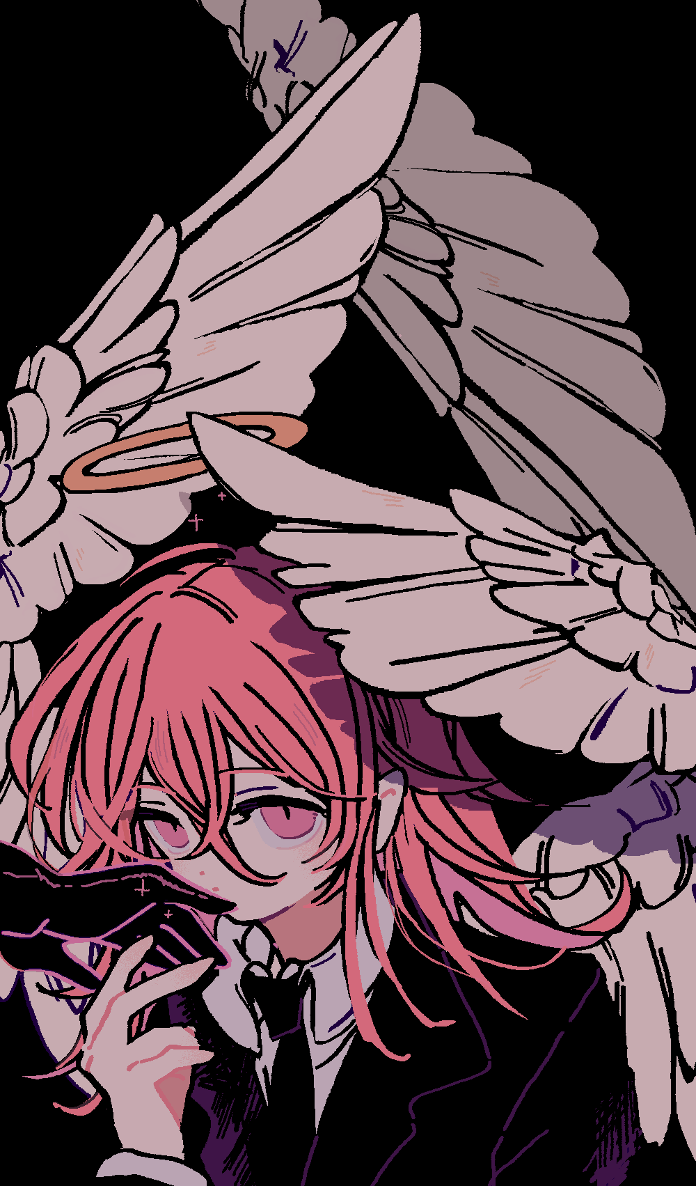1boy, angel, angel_devil_(chainsaw_man), angel_wings, black_background, black_jacket, black_necktie, chainsaw_man, closed_mouth, commentary, gloved_hand, gloves, halo, hand_up, highres, jacket, long_hair, long_sleeves, male_focus, multiple_wings, necktie, out_of_frame, red_eyes, red_hair, reed, simple_background, solo_focus, traditional_halo, upper_body, wings