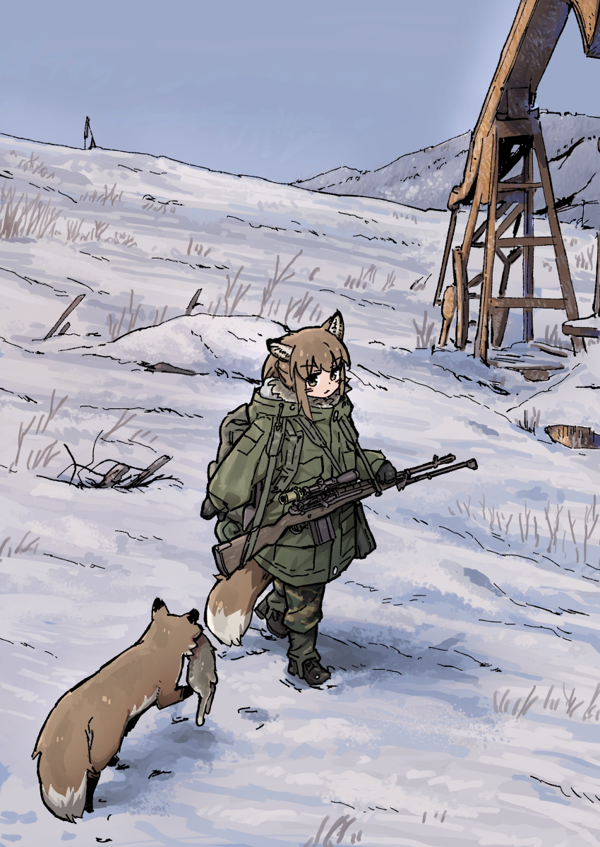 1girl, absurdres, animal, animal_ears, brown_eyes, brown_hair, camouflage, camouflage_jacket