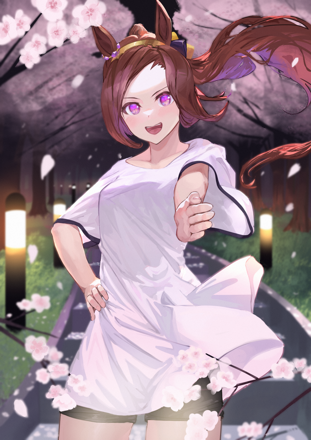 1girl, :d, alternate_costume, animal_ears, asymmetrical_bangs, baggy_clothes, black_shorts, black_trim