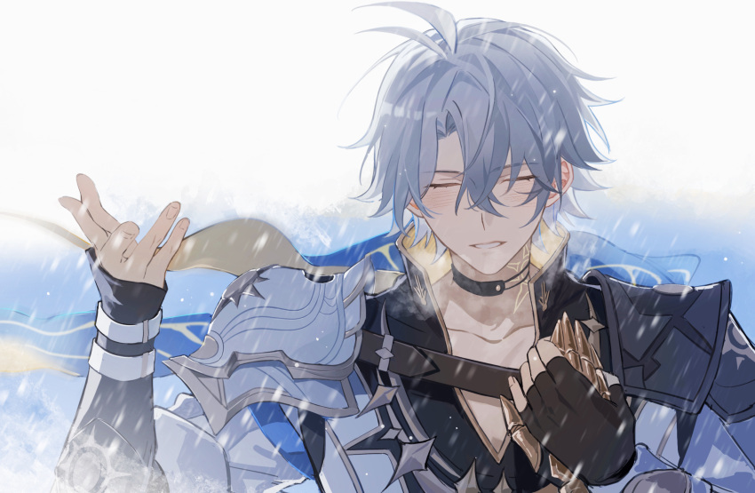 2boys, absurdres, antenna_hair, armor, black_choker, black_gloves, black_shirt, blue_cape, blush, cape, chinese_commentary, choker, closed_eyes, coat, commentary_request, fingerless_gloves, floating_cape, gloves, highres, holding_hands, honkai:_star_rail, honkai_(series), male_focus, multiple_boys, mydei_(honkai:_star_rail), neck_tattoo, oh_qing_yang, parted_bangs, pauldrons, phainon_(honkai:_star_rail), shirt, short_hair, shoulder_armor, single_glove, single_pauldron, solo_focus, sun_symbol, sun_tattoo, tattoo, white_coat, white_hair