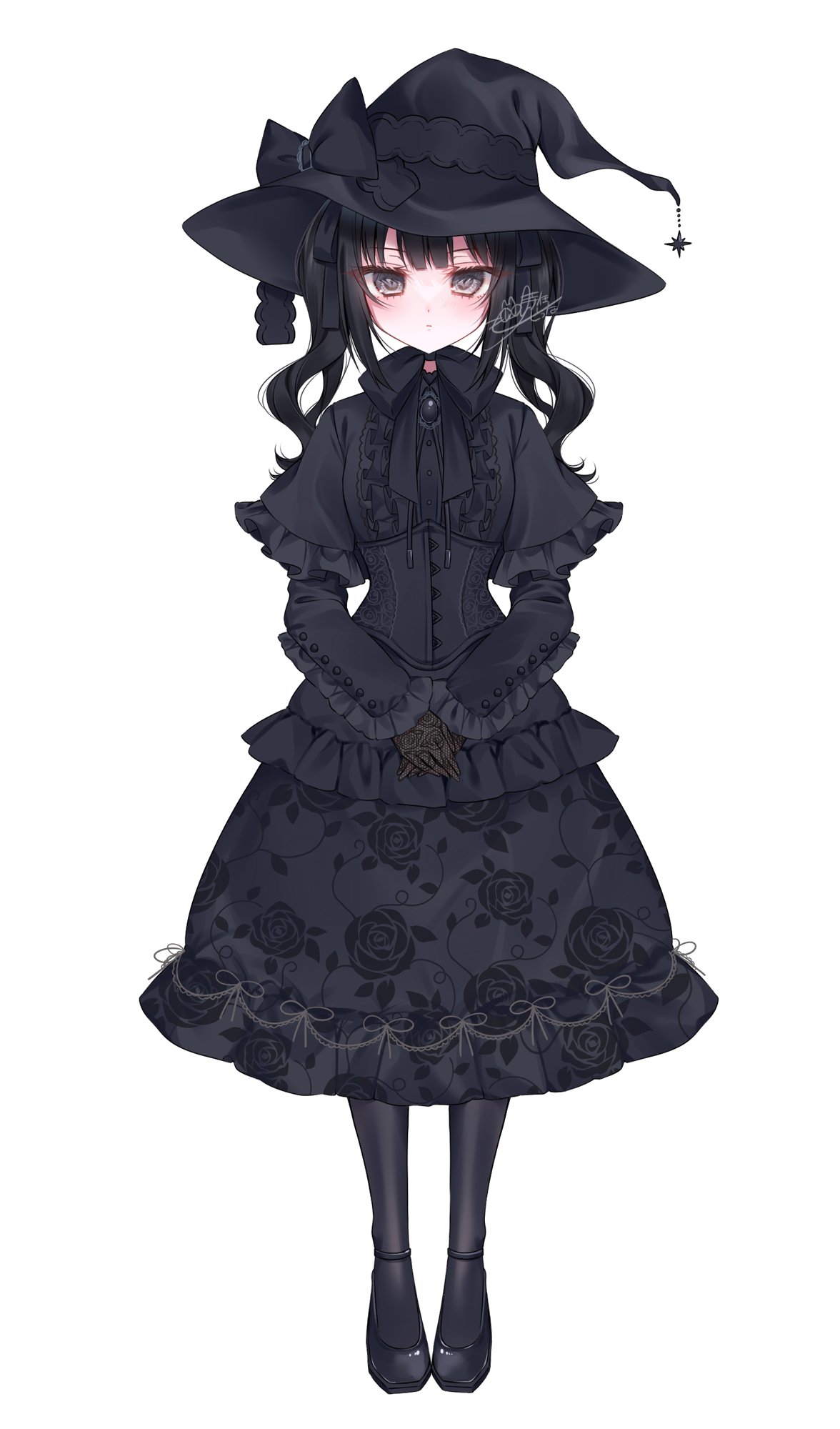 1girl, alternate_costume, black_dress, black_eyes, black_gloves, black_hair, black_hat, black_socks