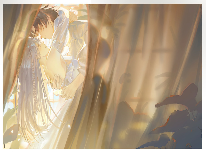 1boy, 1girl, 86_-eightysix-, ahoge, armpits, arms_around_neck, arms_around_waist, behind_curtains