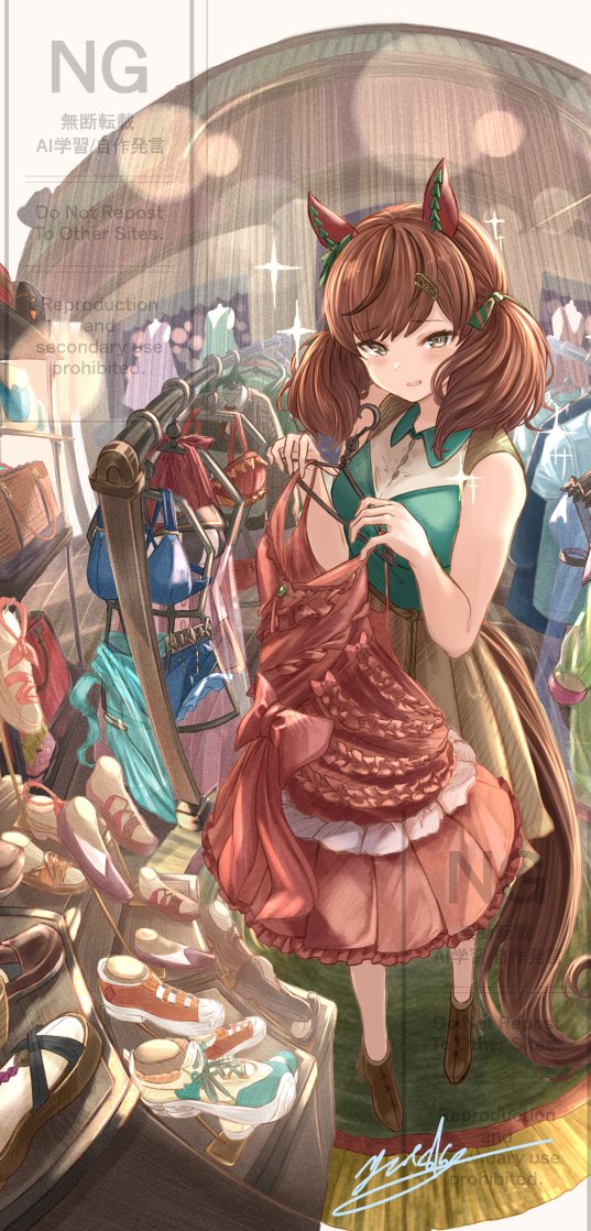 1girl, animal_ears, bag, bikini, blush, bow, breasts, brown_eyes, brown_hair, brown_skirt, clothes_hanger, clothes_rack, clothes_shop, dress, ear_bow, ear_covers, green_bow, green_shirt, hair_ornament, hairclip, holding, holding_clothes_hanger, holding_unworn_clothes, holding_unworn_dress, horse_ears, horse_girl, horse_tail, looking_at_viewer, mannequin, medium_hair, multicolored_hair, nice_nature_(umamusume), parted_lips, red_dress, see-through_cleavage, see-through_clothes, shirt, shoes, shopping, shoulder_bag, skirt, sleeveless, sleeveless_shirt, solo, streaked_hair, swimsuit, swimsuit_hanger, tail, twintails, umamusume, unworn_clothes, unworn_dress, unworn_shirt, unworn_swimsuit, yatsuka_(846)