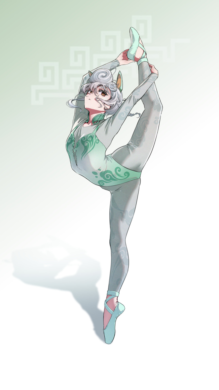 1girl, amiba_(nerdamiba), animal_ears, aqua_leotard, aqua_shoes, athletic_leotard, bodysuit, bodysuit_under_clothes