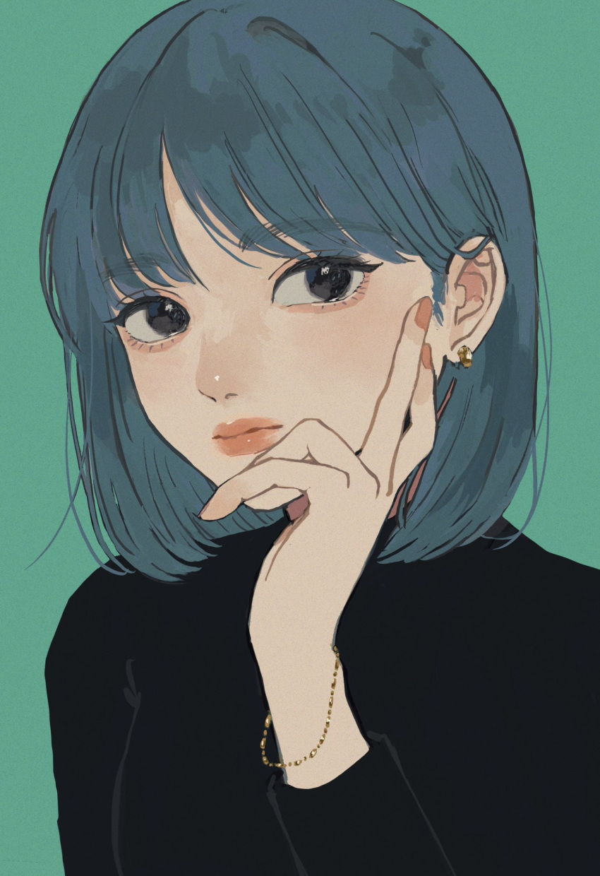 1girl, aegyo_sal, aqua_hair, black_eyes, black_shirt, bracelet, earrings, expressionless