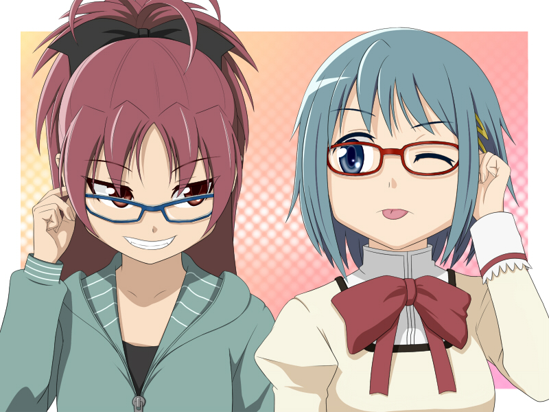 ;p, adjusting_glasses, bespectacled, blue_eyes, blue_hair, bow, fangs, glasses
