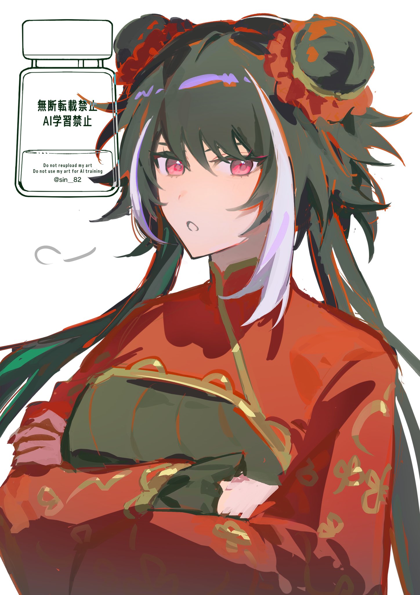 1girl, :o, black_dress, black_hair, china_dress, chinese_clothes, crossed_arms, double_bun