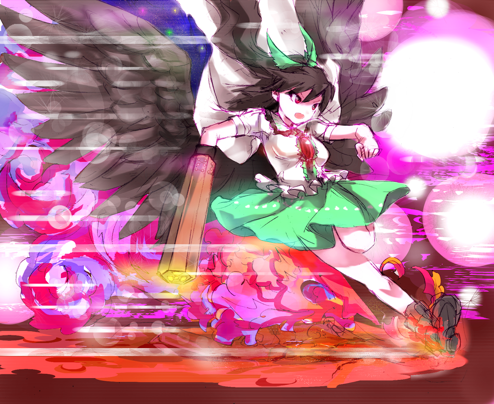 arm_cannon, black_hair, bow, braking, cape, danmaku, fire, hair_bow