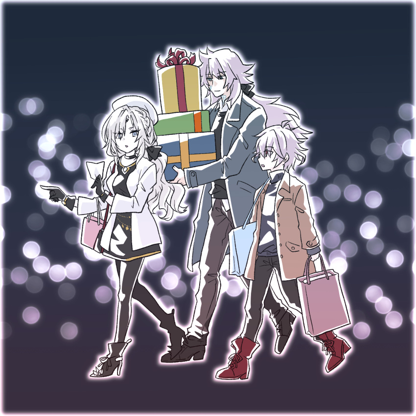 1girl, 2boys, beret, black_dress, black_gloves, black_pants, black_pantyhose, brown_coat